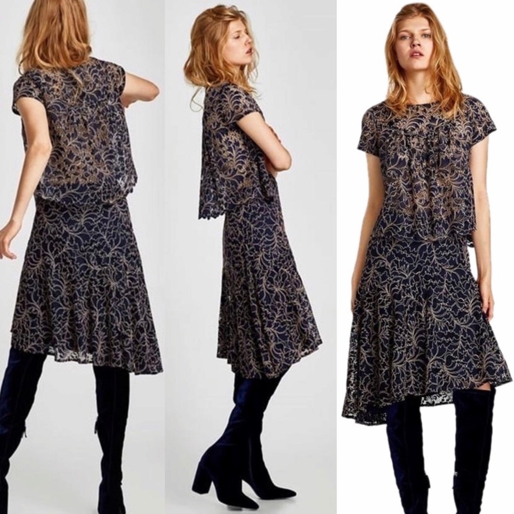 Zara Navy Blue Asymmetric Lace Skirt size L NWOT